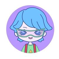 portrait chibi à la mode d'un garçon cyberpunk aux cheveux bleus et aux lunettes futuristes vecteur