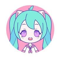 portrait chibi d'une jolie fille otaku avec des twintails verts et des oreilles de chat portant un marin fuku vecteur