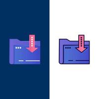 dossier télécharger informatique flèche icônes plat et ligne remplie icône ensemble vecteur fond bleu