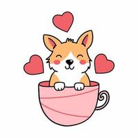 le mignon chien corgi est assis dans une tasse de thé. illustration vectorielle de doodle pour la saint-valentin. chiot drôle. autocollant avec coeur. vecteur