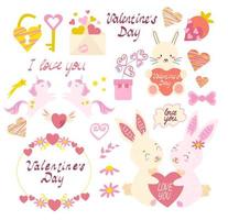 saint valentin ensemble lapin mignon, lettrage, licorne, étoile, fleur, couronne et coeurs. vecteur