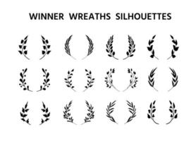 silhouettes de couronnes gagnantes. des guirlandes de lauriers, des couronnes de récompenses de concours de forme penannulaire ou en fer à cheval. symboles de victoire, de bon choix ou de compétence. ensemble d'éléments de design élégants vecteur