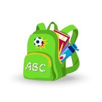 sac à dos scolaire et préscolaire pour enfants, vert herbe avec symboles de but de football, lettres abc, avec une grande poche. crayons, manuel, bouteille à l'intérieur. de face ou de trois quarts, vue de côté, ouverte vecteur