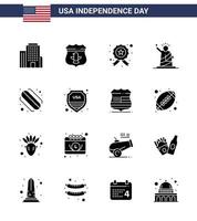 pack de 16 signes de glyphes solides de célébration de la fête de l'indépendance des états-unis et symboles du 4 juillet tels que hot-dog usa enquêtant sur la statue liberté éléments de conception vectoriels modifiables de la journée des états-unis vecteur