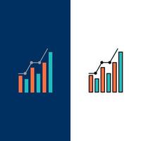 graphique analytics business diagramme marketing statistiques tendances icônes plat et ligne remplie icône ensemble vecteur fond bleu