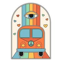 bus hippie conduisant sur un arc-en-ciel. Oeil qui voit tout. style de contour, années 70 vecteur