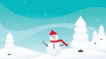 personnage de dessin animé de bonhomme de neige dans un fond d'illustration vectorielle de pays des merveilles d'hiver vecteur