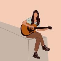 belle jeune femme joue de la guitare. illustrations vectorielles dessinées à la main vecteur