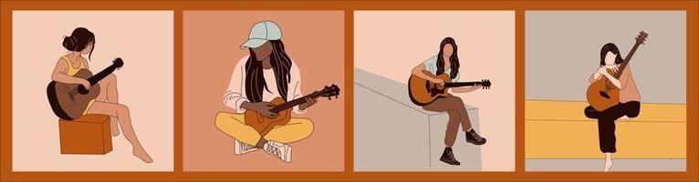 ensemble de quatre belles jeunes femmes jouent de la guitare. illustrations vectorielles dessinées à la main vecteur