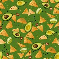 cuisine mexicaine aux épices. un motif de sauce guacamole et de nachos dans un mélange tombant sur fond vert. adapté à l'impression sur textile et papier. bannière, dépliant, emballage vecteur