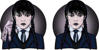 mercredi. Joyeux Halloween. fille avec des tresses. vecteur. mercredi addams illustration. notion de mercredi vecteur