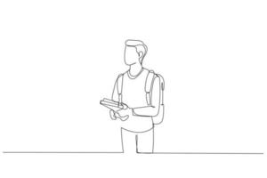 dessin d'un jeune étudiant masculin tenant des livres et portant un sac à dos. style d'art en ligne continue unique vecteur