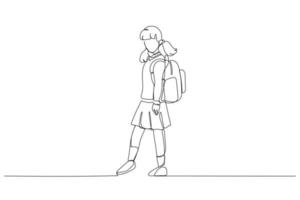 dessin animé d'écolière heureuse va à l'école. un style d'art en ligne continue vecteur