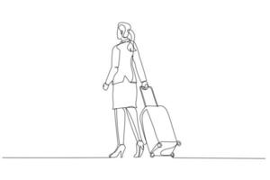 dessin animé de femme d'affaires avec valise marchant dans l'allée. art de style une ligne vecteur