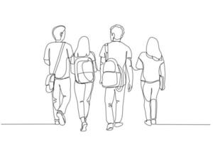 dessin de vue arrière d'un groupe d'étudiants universitaires s'éloignant. style d'art en ligne continue vecteur