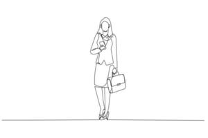 le dessin animé d'une femme d'affaires en costume s'arrête au milieu d'un carré pour regarder son smartphone. style d'art en une ligne vecteur