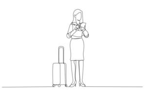 dessin de femme d'affaires avec une valise marchant au bureau. style d'art en ligne continue unique vecteur