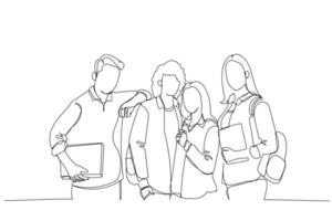 dessin animé d'un groupe d'étudiants intelligents filles et garçons avec des sacs à dos sur les épaules et des manuels dans les mains. style d'art en une ligne vecteur