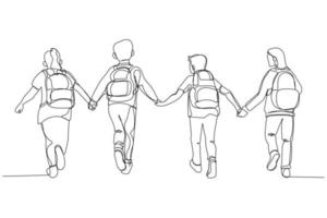 dessin d'un groupe d'enfants courus à la porte de l'école en se tenant la main. style d'art en ligne continue unique vecteur