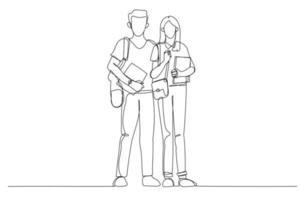 dessin animé d'un couple de jeunes étudiants marchant ensemble à la bibliothèque du campus. style d'art d'une ligne vecteur