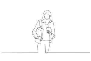 illustration d'une jeune étudiante utilisant un smartphone dans la ville. style d'art en ligne unique vecteur