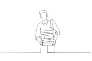 dessin animé d'un étudiant heureux portant des livres et du matériel d'étude. un style d'art en ligne continue vecteur