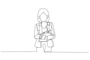 dessin animé de petite écolière avec sac à dos tenant le cahier. style d'art d'une ligne vecteur