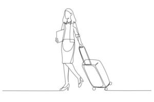 illustration d'une femme d'affaires avec une valise prête à aller à une réunion d'affaires. style d'art en ligne unique vecteur