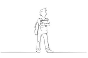 dessin animé de jeune garçon debout et tenant des livres. style d'art en une ligne vecteur