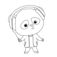 mignon petit panda chinois avec un casque. contour drôle animal enfant isolé sur fond blanc. cool personnage adolescent pour livre de coloriage vecteur