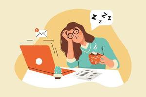 femme avec des lunettes est fatiguée de travailler sur un ordinateur portable. la fille veut dormir. elle tient une tasse de café dans ses mains et s'endort. illustration vectorielle sur le thème de la santé oculaire et de la fatigue.