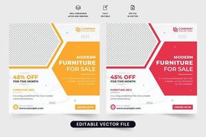 modèle de promotion d'entreprise de meubles avec section d'offre de réduction. vecteur de publication de médias sociaux de vente de meubles modernes avec des espaces réservés pour photo. conception d'affiches de meubles avec des formes créatives pour le marketing.