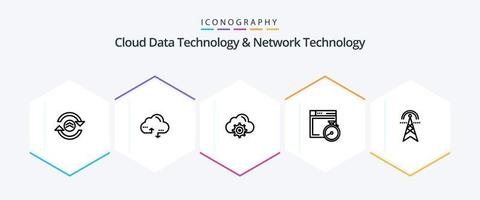 technologie de données en nuage et technologie de réseau pack d'icônes de 25 lignes, y compris l'électricité. l'informatique. nuage. boussole. dossier vecteur