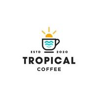 logo de café avec le lever du soleil, le coucher du soleil et l'eau de mer dans le modèle d'icône de vecteur de style d'art de ligne de contour moderne, pour les affaires de resto de café