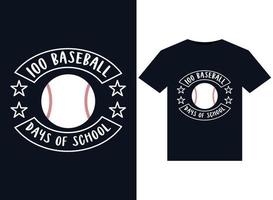 100 jours de baseball d'illustrations scolaires pour la conception de t-shirts prêts à imprimer vecteur