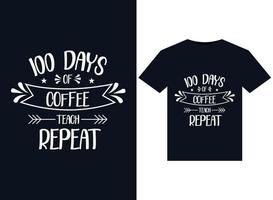 100 jours de café enseignent des illustrations répétées pour la conception de t-shirts prêts à imprimer vecteur