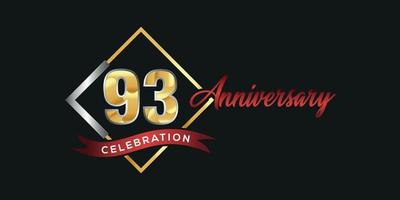 Logo du 93e anniversaire avec boîte dorée et argentée, confettis et ruban rouge isolé sur fond noir élégant, création vectorielle pour carte de voeux et carte d'invitation vecteur