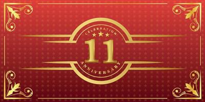 Logo du 11e anniversaire avec anneau doré, confettis et bordure dorée isolés sur fond rouge élégant, éclat, création vectorielle pour carte de voeux et carte d'invitation vecteur
