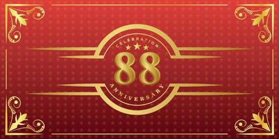 Logo du 88e anniversaire avec anneau doré, confettis et bordure dorée isolés sur fond rouge élégant, éclat, création vectorielle pour carte de voeux et carte d'invitation vecteur