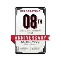 Célébration du logo anniversaire 08 ans et carte d'invitation avec ruban rouge isolé sur fond blanc vecteur
