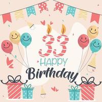 33e création vectorielle de joyeux anniversaire pour cartes de vœux et affiche avec ballon et boîte-cadeau. vecteur