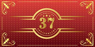 Logo du 37e anniversaire avec anneau doré, confettis et bordure dorée isolés sur fond rouge élégant, éclat, création vectorielle pour carte de voeux et carte d'invitation vecteur
