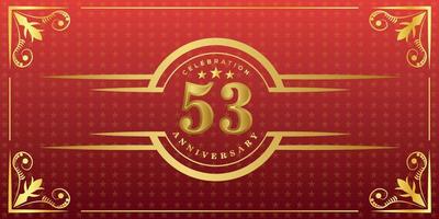 Logo du 53e anniversaire avec anneau doré, confettis et bordure dorée isolés sur fond rouge élégant, éclat, création vectorielle pour carte de voeux et carte d'invitation vecteur
