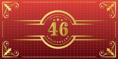 Logo du 46e anniversaire avec anneau doré, confettis et bordure dorée isolés sur fond rouge élégant, éclat, création vectorielle pour carte de voeux et carte d'invitation vecteur