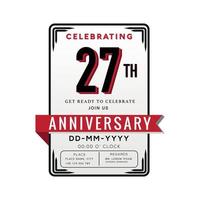 Célébration du logo anniversaire 27 ans et carte d'invitation avec ruban rouge isolé sur fond blanc vecteur