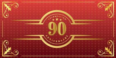 Logo du 90e anniversaire avec anneau doré, confettis et bordure dorée isolés sur fond rouge élégant, éclat, création vectorielle pour carte de voeux et carte d'invitation vecteur