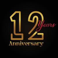 Logotype de célébration du 12e anniversaire avec un design élégant de couleur dorée et rouge manuscrite. anniversaire de vecteur pour la célébration, carte d'invitation et carte de voeux.