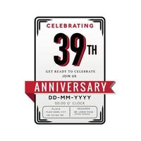 Célébration du logo anniversaire 39 ans et carte d'invitation avec ruban rouge isolé sur fond blanc vecteur