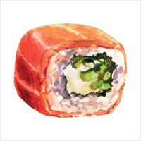 sushi maki philadelphia avec fromage à la crème et ciboulette. rouler avec le saumon. illustration aquarelle isolée sur fond blanc. vecteur