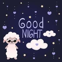 bonne nuit carte de voeux pour les enfants avec un mignon personnage animal de dessin animé agneau avec des nuages et des étoiles sur fond sombre vecteur